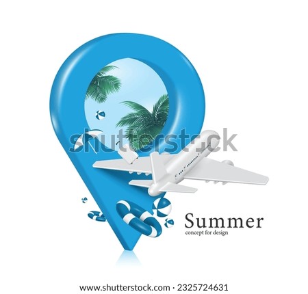 plane is taking off to go to destination traveling to the sea in summer, according to blue pins that indicate location and there were lifebuoys, volleyballs, luggage floating around, vector 3d