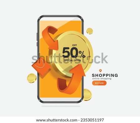 arrow revolves around gold coin or dollar money with promotional message special offer 50% off and shopping bag on side All appear in front of  smartphone screen, vector 3d for online shopping