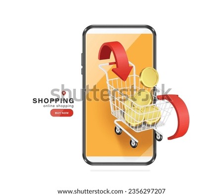 Coins or dollars landing in shopping cart as red arrow points after a customer places an online order from smartphone to convey Cash back promotion, vector 3d isolated for online shopping concept