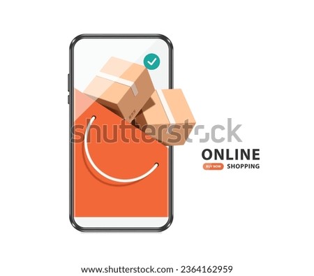 A parcel boxes or cardboard box and order confirmation icon placed on orange shopping bag and all display on smartphone screen, vector 3d isolated for delivery, online shopping, e commerce concept