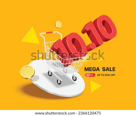 number 10.10 red 3d float down into shopping cart and all placed on white circular podium for designing mega sale promotions, vector 3d for promotion on ten day of  ten month, template for advertising