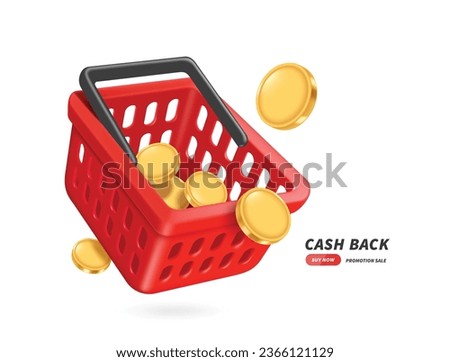 Gold coins or dollars coins float into the red shopping basket for refund advertising design promotions or cash back, vector 3d isolated on white background for advertisement design
