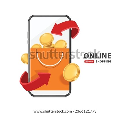 Gold coins or dollars coins float into an orange shopping bag on smartphone screen and red arrow spins around it. To design advertisements for online shopping cash back promotions, vector 3d isolated