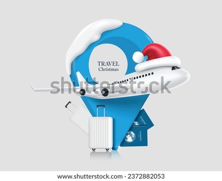 international passenger plane wearing a red Santa hat takes off against a backdrop of blue pin location, snow, luggage and passports for Christmas travel design, vector 3d isolated for advertising