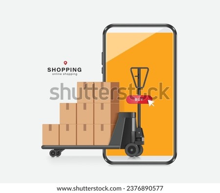 Parcel boxes or cardboard boxes are stacked on hydraulic cart used in warehouses and all of them are placed in front of smartphone and have buy button for customers to order in middle, vector 3d