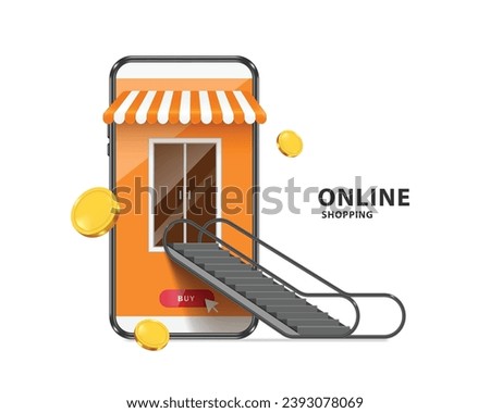 Escalators used in department store or shopping mall are moving up towards door of smartphone store and there were gold coins or money floating around in air, vector 3d for online shopping concept