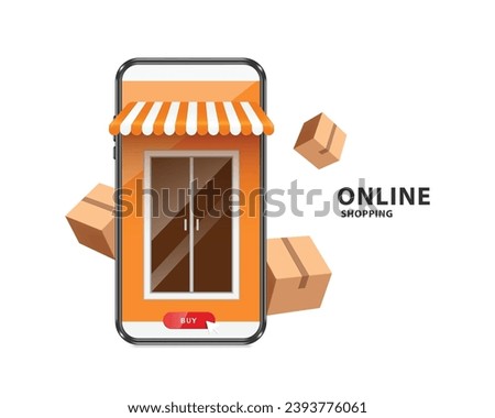 Automatic sliding door are in front of smartphone store or shop and there is buy button for online shopping below and there were parcel boxes floating around in air, vector 3d isolated for e-commerce
