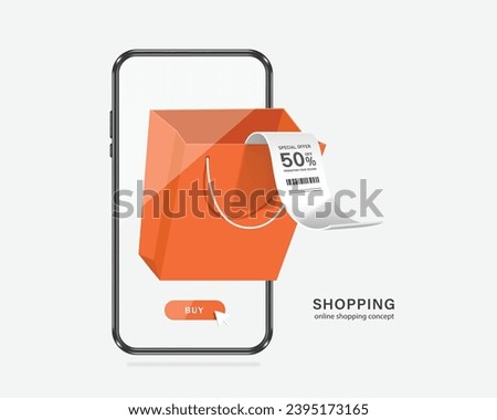 Receipt paper template with 50% off promotion text is placed on orange shopping bag and has an online buy button below. all display on smartphone screen, vector 3d for e commerce, online shopping