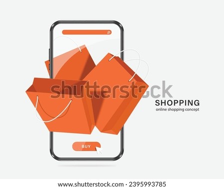 3 orange shopping bag, buy button, search icon  floating on smartphone screen, vector 3d isolated on white background for delivery and online shopping concept design, vector for e commerce design