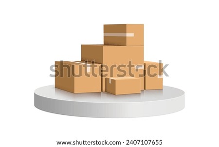 Many parcel boxes or cardboard boxes place arranged in a row on round podium or circle platform for delivery, online shopping, e commerce, Logistics, vector 3d isolated on white background for design