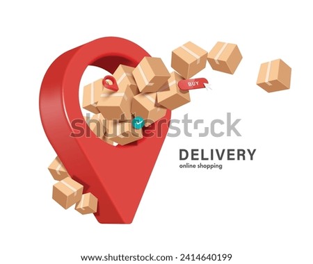 Several parcel boxes or cardboard boxes and red buy button and order confirmation icon Floating in mid-air in front of red pin location ,vector 3d isolated for logistics ,online shopping ,delivery