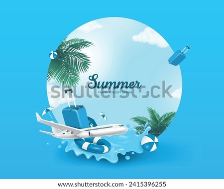 Circle space for advertising text with background of view of sky, soft sunlight over sea below are luggage, airplane, lifebuoy, volleyball, and splashing water as a component for summer travel concept