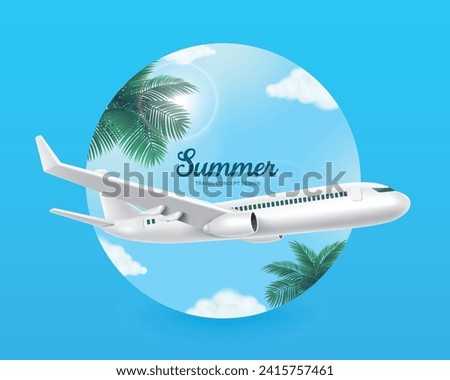 Passenger air plane transporting tourists take off or land over a view of a bright sky with soft sunlight hitting coconut trees by the sea for summer travel advertising design, vector 3d isolated