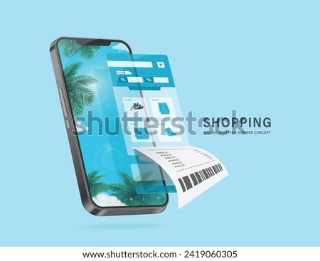 Online shopping in summer concept, receipt paper flowing from online shopping application template. with smartphone with pictures of sky, sunlight, and coconut trees as background, vector 3d isolated