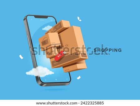 Brown parcel boxes floated from blue smartphone screen after the customer clicks to order online,vector 3d isolated on blue background for logistics,delivery and online shopping concept design