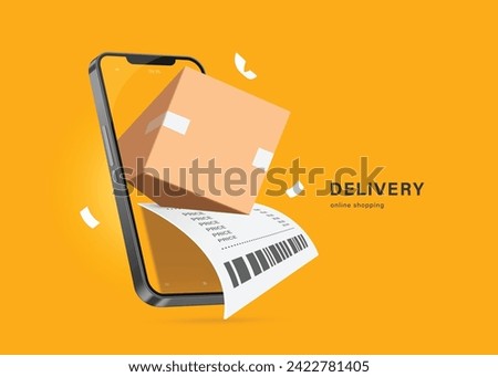 online shopping ,cardboard box or parcel box and receipt paper or invoice place on smartphone screen or mobile phone for delivery concept, vector 3d isolated on yellow background for advertising