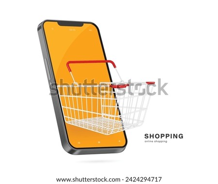 Online shopping, Steel or stainless steel shopping basket with handles covered in red plastic appears on the smartphone screen, vector 3d isolated for e commerce, delivery advertising design