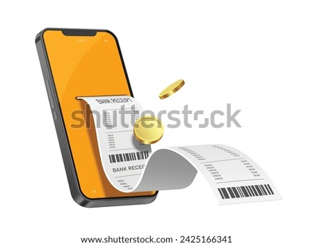 payment online ,Paper receipt or invoice with gold coins or dollars flowing out of smartphone or mobile phone After customer purchases online and successfully payment, vector 3d isolated for design