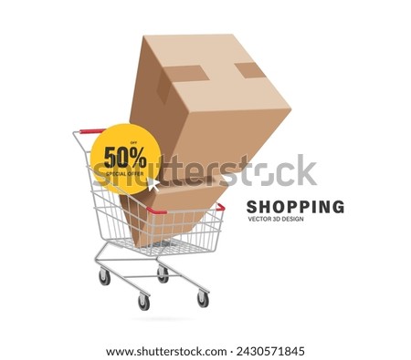 yellow circular promotional sign with the text special offer 50% off is placed in metal shopping cart along with large parcel or cardboard box, vector 3d isolated for promotion sale advertising design