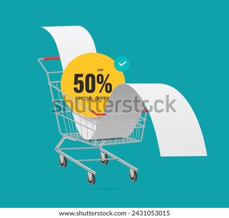 yellow circular promotional sign with text special offer 50% off is placed in metal shopping cart along with large paper receipt or invoice or bill, vector 3d isolated for discount advertising design