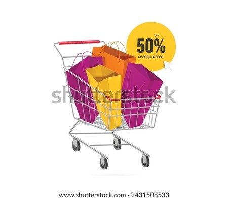 discount promotion ,orange, yellow, purple paper shopping bags Place in the steel shopping cart or basket With circle sign or tag label for promotion special offer 50% off, vector 3d isolated