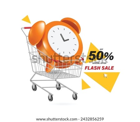 Flash sale promotion ,Alarm clock in steel shopping cart notifying limited time promotion flash sale, special offer 50% off, vector 3d isolated on white background for banner advertising design