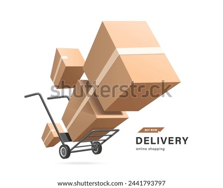Delivery and online shopping concept ,Several parcel boxes or cardboard boxes float out of two-wheeled cart or hand truck used in a warehouse, vector 3d illustration isolated for advertising design
