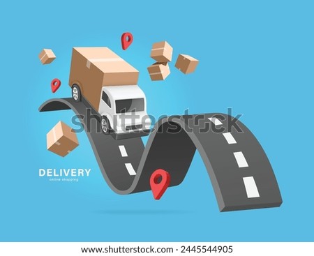 Delivery and online shopping concept ,Cargo trucks drive on winding roads and there is a parcel box or cardboard box, all red maps floating in the air around, vector 3d isolated on blue background