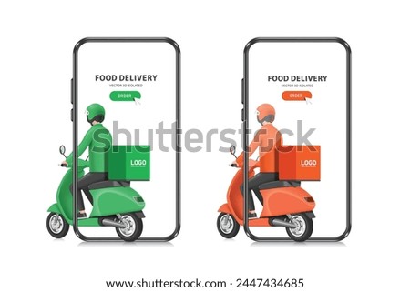 Food delivery driver in an orange and green uniform drives motorcycle or scooter in rear view. It's all on mobile phone screen and there's food ordering button on top, vector 3 d isolated for delivery
