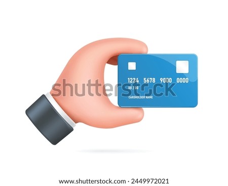 Left hand holds a shiny blue credit card in side view to pay or transfer money for offline and online purchases, vector 3d isolated for financial concept design, vector for advertising design