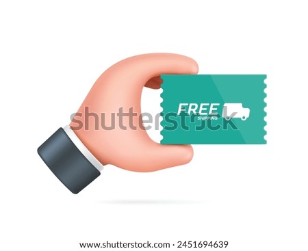 His left hand holds green promotional sign that says free shipping for designing promotional advertisements for delivery and online shopping, vector 3d illustration isolated, vector minimal style