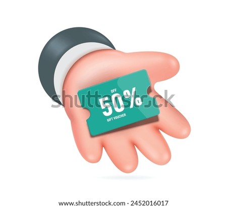 Left hand holds green promotional sign with text gift voucher 50%of for online shopping promotion design, vector 3d illustration isolated, vector minimal style for advertising design