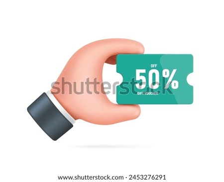 Left hand holds green promotional sign with text gift voucher 50%of for online shopping promotion design, vector 3d illustration isolated, vector cartoon minimal style for advertising design