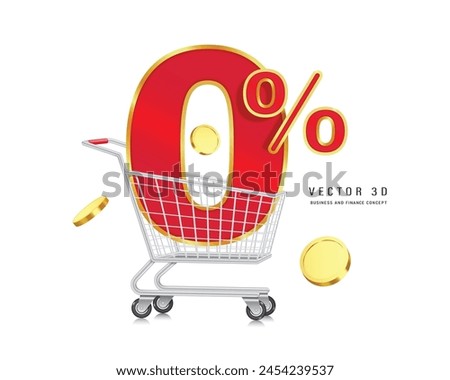 Number 0% 3D red gold edge placed on shopping cart or trolley For designing promotions with no interest or no fee, vector 3d isolated for financial advertising concept design