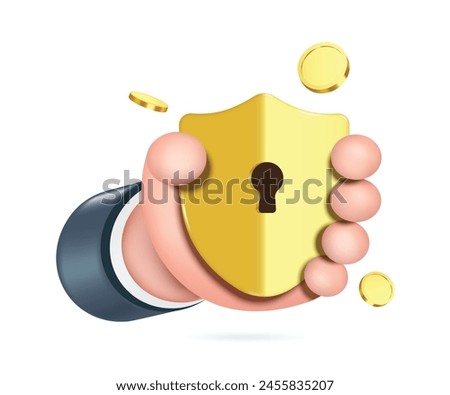 Left hand of businessman holding gold shield with keyhole in middle to protect against financial data theft, vector 3d illustration for finance concept design, vector minimal style for advertising