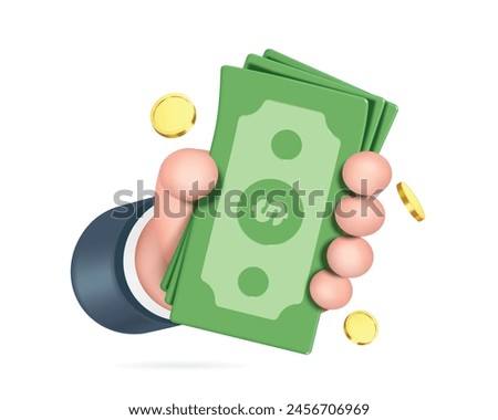 Left Hand holding dollar bill and gold coins or money floating around the air, vector 3d illustration for payment concept design, vector cartoon minimal style for financial, finance design