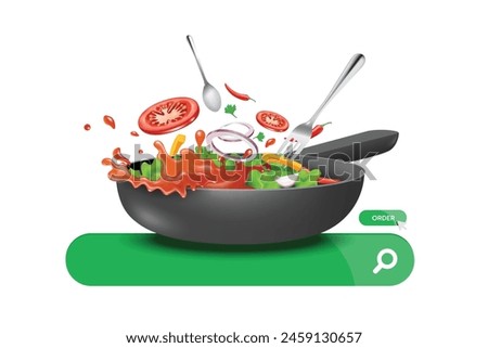 Food delivery concept ,stir-fry food or cook mix of vegetables with spoon and fork in matte black skillet with handle they're all on search tab and have an order button on the side, vector 3d isolated