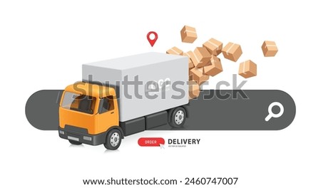 Delivery and online shopping concept, yellow-white truck has parcel or cardboard box on back with map pin showing where to deliver product to customer and all on top of search icon, vector 3d isolated