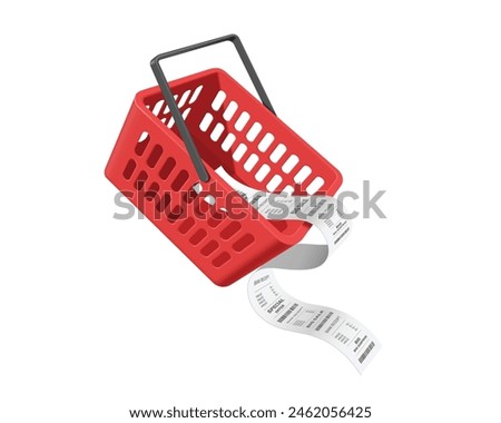 vector illustration features red shopping basket used in supermarket with a detailed, lengthy receipt or invoice paper extending from it, vector 3d isolated for e commerce, online shopping concept
