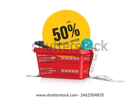 shopping advertisement, Yellow circular promotional tag label with message special offer 50% discount message placed in red shopping basket with receipt paper on it, vector 3d isolated for design