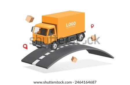 Delivery and online shopping concept ,Cargo yellow trucks drive on road and there is a parcel box or cardboard box, all red maps floating in the air around, vector 3d isolated for logistics design