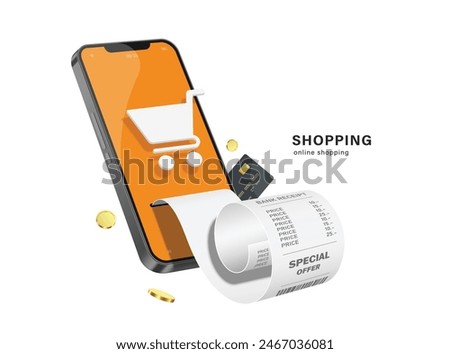 online shopping concept ,shopping cart or basket icon on smartphone screen With credit card inserted into side to pay, after that receipt paper came out and gold coins floated around, vector 3d