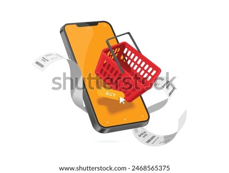 online shopping and online payment concept ,Buy button, red shopping basket, receipt paper, mobile phone floating in air, vector 3d isolated on white background for e commerce advertisement design