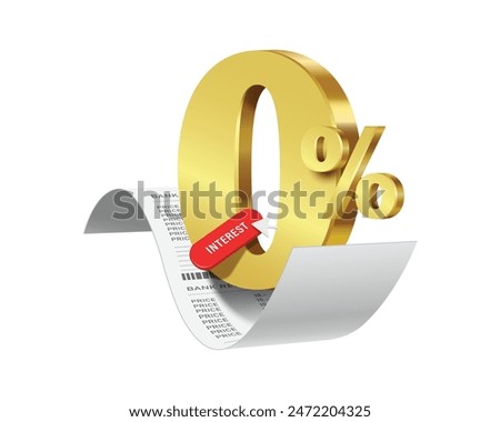 0% gold and button placed on receipt or invoice paper for designing advertisements free of interest and fees, zero percent advertising concept design, vector 3d isolated for financial concept design