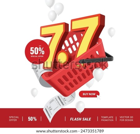 mega sale advertisement, 7.7 3D yellow placed in a red shopping basket. Along with a circular promotional banner tag label, 50% off, vector for Seventh day, seventh month discount promotion design