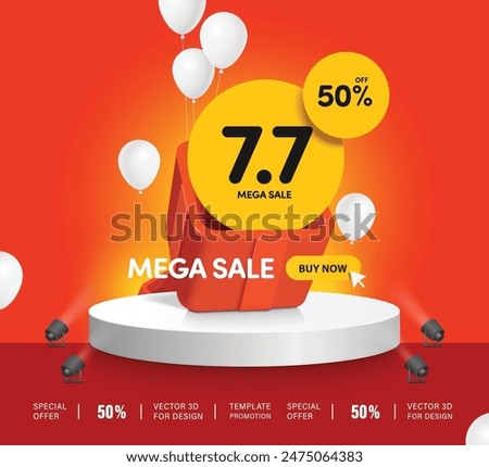 mega sale advertising ,7.7 tag and 50%off circle tag place in red gift box and all place on white podium for mega sale promotion design, vector 3d for seven day of seven month promotion