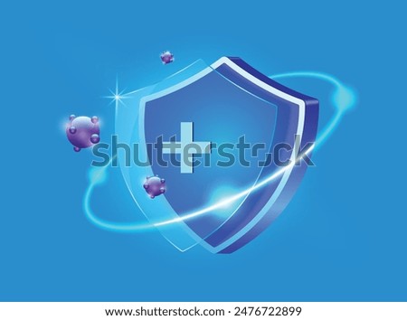 vector for advertisement ,blue shield has a clear glass front protecting against germs or bacteria to prevent infection, vector 3d on blue background for advertising about germ prevention products