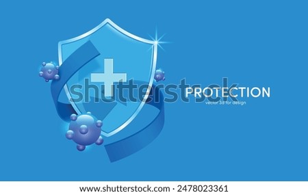 Blue arrows swirl around a silver-rimmed glass shield to protect against germs or viruses, vector 3d isolated on blue background for Advertisements about medical or disinfectant products