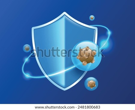 Glass shield protects and protects against viruses or germs and dirt, vector 3d on blue background for designing advertisements for disinfectant products or disease prevention medicine products