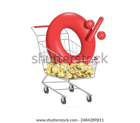 Number 0% 3D red and gold coin or money placed on shopping cart or trolley For designing promotions with no interest or no fee, vector 3d isolated for financial advertising concept design